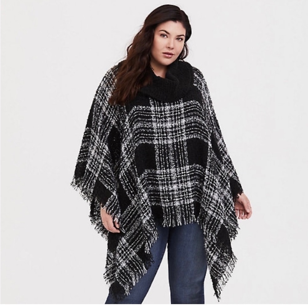 Torrid Southwestern Plaid Boho Fringe Cowl Turtleneck Poncho Sweater